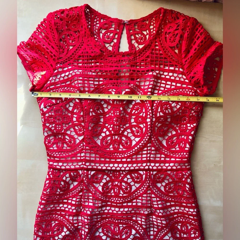 Red Lace Illusion Mini Sheath Dress Size 8 Date Night Wedding guest, Cocktail - Picture 5 of 11